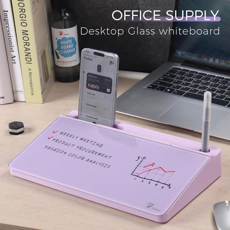 TOWON Small Compact Glass Desktop Whiteboard with Storage – 12 x 7 in Dry Erase Board for Desk, Home Office, School | Includes 5 Markers, Eraser & Holder | Space-Saving Organizer, Aesthetic Lavender - Image 2